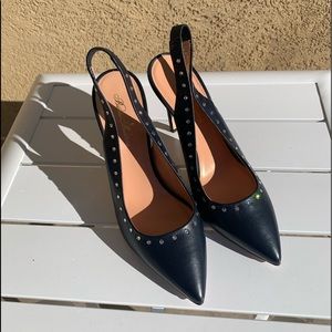 Brooks Brothers sling back heels navy all leather with zirconia stones 9